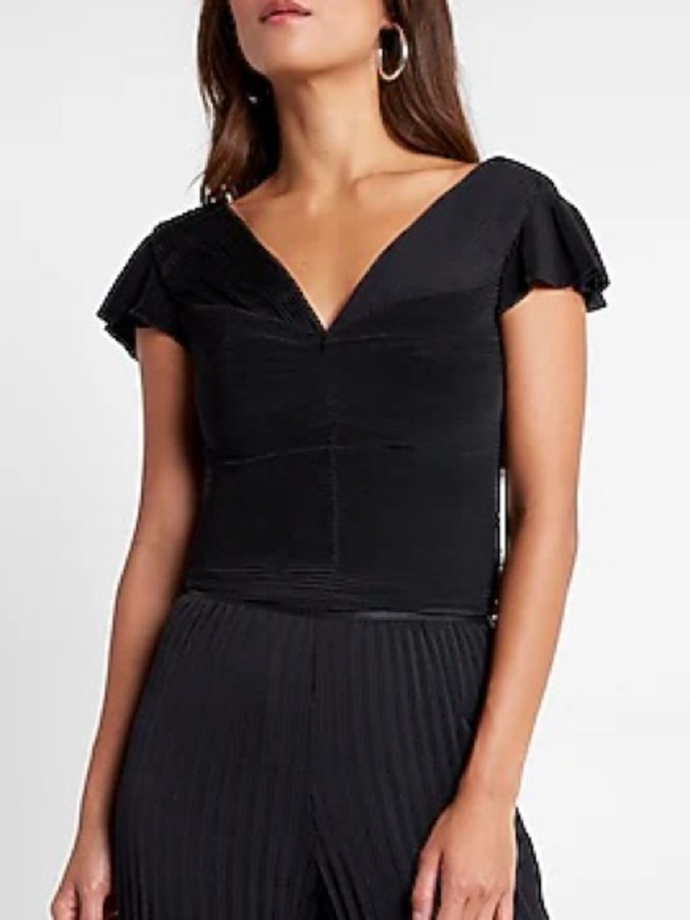 Express Women’s Black Pleated Flutter Sleeve Cropped Top - Size XXS